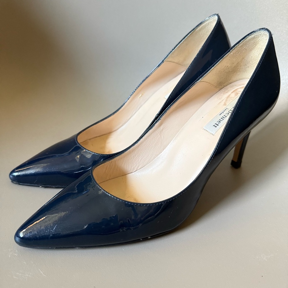 LK Bennett Navy Patent Pointed-Toe Heels